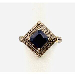 Estate Two-Tone Sterling Silver Blue Gemstone CZ Halo Statement Ring 6.5 925